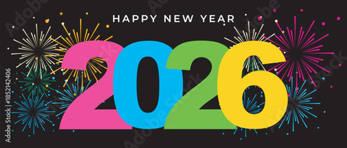  Happy new year 2026 colorful numbers with fireworks festive night celebration background