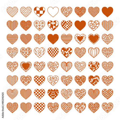 Collection of various orange heart shapes with intricate patterns, vector illustration isolated on transparent background