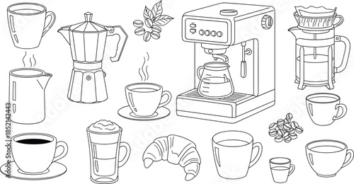 Coffee and croissant breakfast setup with various coffee makers