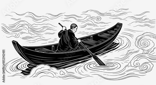 Man rowing a boat alone in the water.