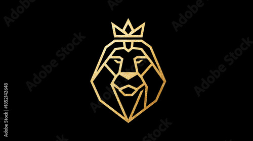 Majestic golden geometric lion head with a crown on a black background, elegant minimalist line art design, powerful regal symbol.
