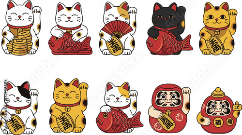 Collection of colorful Maneki-Neko figurines and Daruma dolls