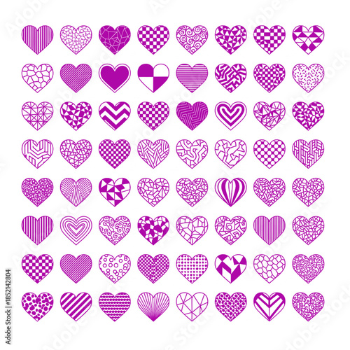 Assortment of magenta heart icons with various intricate patterns, vector illustration isolated on transparent background