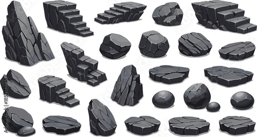 Collection of dark gray rock formations and stone steps