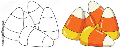 Candy corn illustration featuring a colorful group of festive seasonal sweets arranged in a playful pile with smooth glossy surfaces and clean cartoon styling for holiday themed designs
