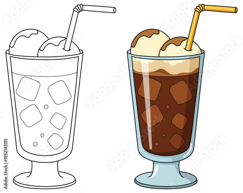 Iced coffee float illustration featuring a tall glass with ice cubes creamy scoops and a straw in a clean cartoon style perfect for beverage themed designs