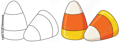 Candy corn illustration featuring a smooth three section design with a bright seasonal color palette beside a matching black and white outline for creative festive projects