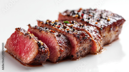 Seared steak on clear white background