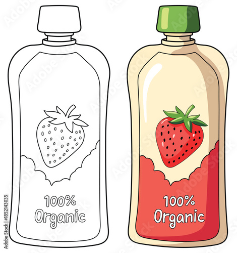 Strawberry puree pouch illustration with vibrant organic fruit design in a clean cartoon style suitable for healthy food and beverage packaging themes