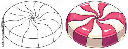 Peppermint swirl candy illustration featuring a glossy red and cream twisted design on a round shape with smooth cartoon styling suitable for festive holiday themed graphic projects