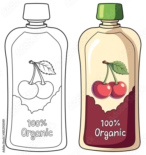 Cherry puree pouch illustration featuring bright organic fruit design in a clean cartoon style suitable for healthy food and beverage packaging themes