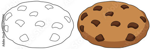 Chocolate chip cookie illustration in a simple cute cartoon style for bakery dessert and sweet treat themed designs
