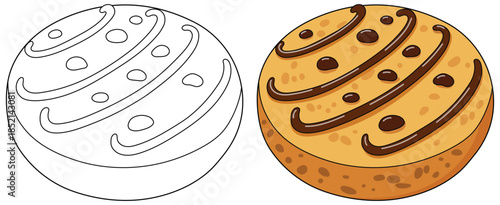 Chocolate drizzled cookie illustrated in a simple cute cartoon style for sweet bakery dessert themed designs