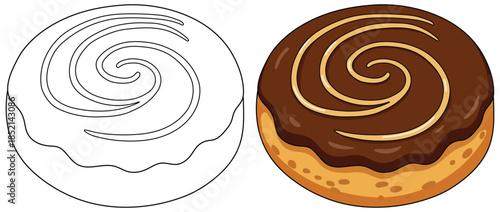 Chocolate glazed donut with swirl topping illustrated in a simple cute cartoon style for sweet bakery dessert designs