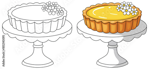 Flower decorated lemon tart displayed on a cake stand in a cute simple cartoon dessert style for bakery themed designs