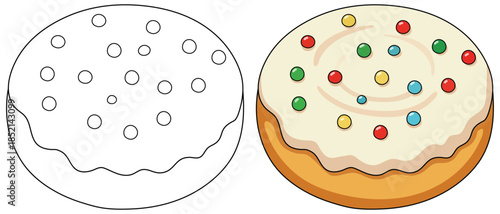 Frosted cookie with colorful candy sprinkles illustrated in a cute simple cartoon dessert style for bakery themed designs
