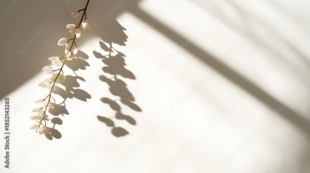 Fototapeta premium Delicate white flowers cascade with their shadows on a pale wall, bathed in soft sunlight. A study in light and dark, nature meets minimalist aesthetics. Serene simplicity.