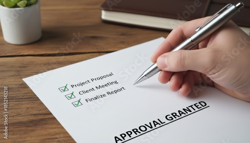 Business Person Checking Off Approved Project Tasks on Document