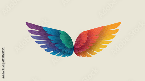 Vibrant rainbow colored stylized wings with gradient feathers on a light background, symbolizing freedom, diversity, and creativity.