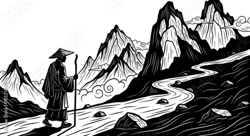 A lone traveler in traditional attire embarks on a journey.