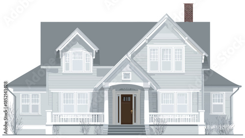 Architectural Vector Illustration of a Classic Two-Story Residential House. Traditional American Family Home with Gabled Roof and Entryway.