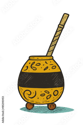 Mate drink tradition with gourd and bombilla drawing