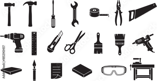 Collection of black construction tools icons