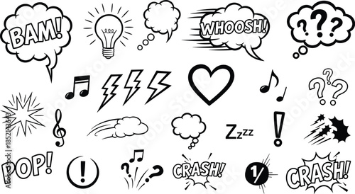 Comic book style speech bubbles and sound effects