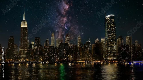 New York City Skyline at Night with Stars.