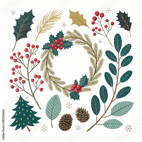 Hand drawn Christmas botanical set with holly berries and pine cones.Festive winter greenery collection with wreath and evergreen branches.Natural Christmas elements vector set with holly leaves.