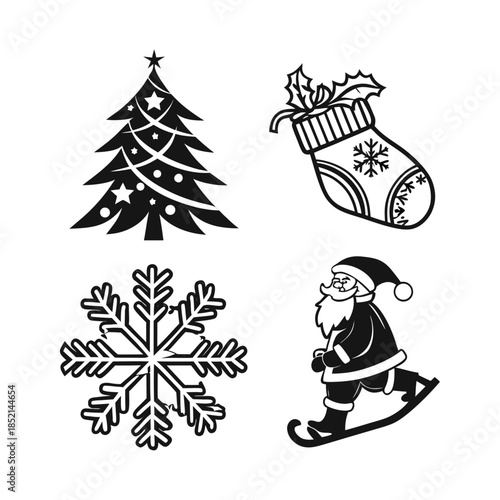 Collection of hand drawn Christmas icons featuring Santa Claus a snowflake and holiday tree.Minimalist Christmas line art elements including Santa on skis a stocking and a snowflake.