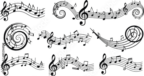Musical notes and treble clefs in creative swirling patterns