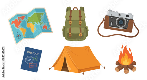 Camping adventure with tent, backpack, and camera by the campfire under the stars