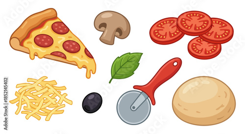 Assorted pizza ingredients and utensils arranged on a white surface, viewed from directly above.
