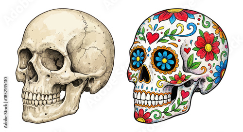 A decorative sugar skull and a human skull side by side against a white background, showcasing cultural and anatomical details.