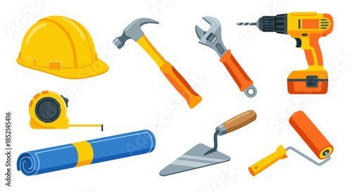 Construction tools and equipment arranged neatly on a white background