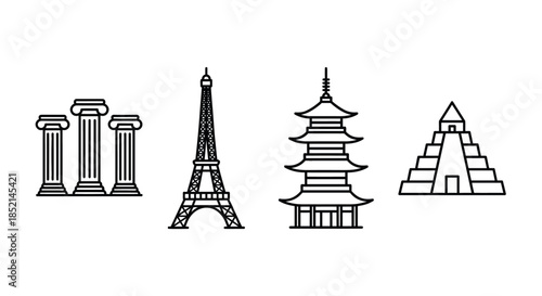 Iconic global architecture set classical columns, European tower, Asian pagoda, Mesoamerican pyramid. Perfect for world travel and cultural heritage designs