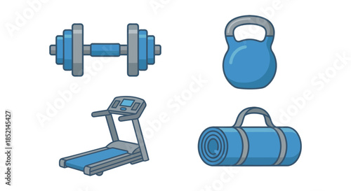Dynamic vector illustration pack showcasing core workout gear such as a dumbbell, kettlebell, treadmill, and rolled yoga mat in blue tones, ideal for active lifestyle designs