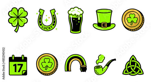 Vibrant collection of cheerful vector icons featuring traditional Irish cultural symbols and lucky charms. Perfect for festive holiday designs and digital media projects