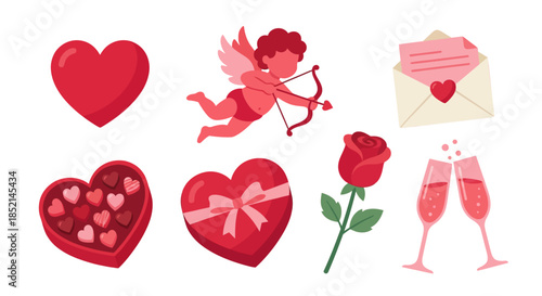 A delightful collection of romantic illustrations, featuring hearts, cupid, roses, and gifts, perfect for Valentine's Day celebrations and expressions of love