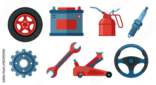 Various car parts and tools arranged neatly on a plain background