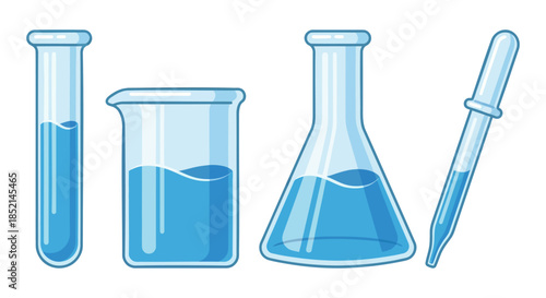 Collection of essential laboratory glassware with blue liquid, featuring a test tube, beaker, conical flask, and pipette, representing scientific research, education, and chemical experiments