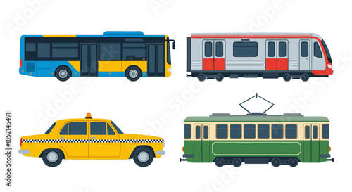 Collection of urban public transportation vehicles including a bus, taxi, metro, and tram