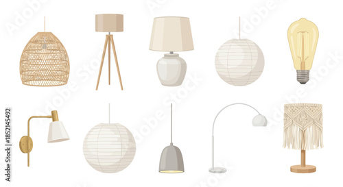 Collection of various stylish lamps, including floor lamps, table lamps, and pendant lights, all showcasing modern and bohemian designs