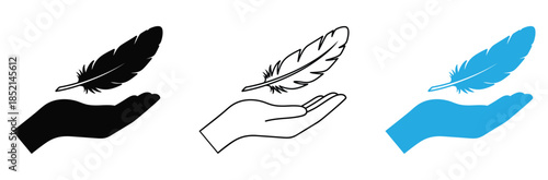 Hands holding feathers in black, white, and blue