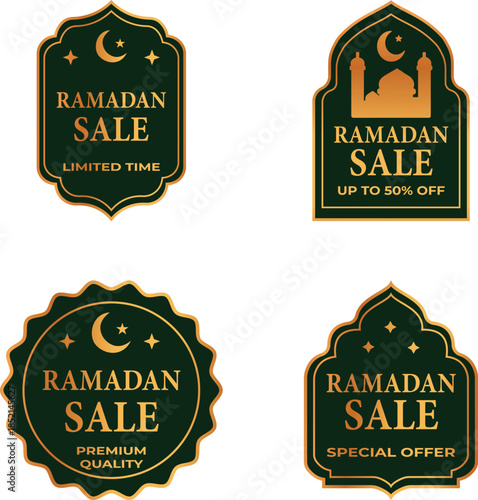 Premium Ramadan Sale Badge Vector Set in Green and Gold, Luxury Islamic Discount Labels with Mosque and Crescent