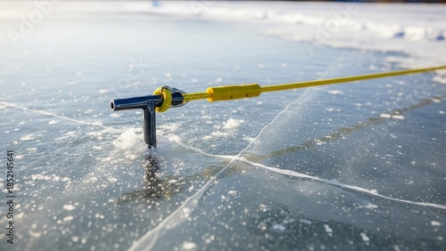 A close-up shot of a fishing tip-up device stuck into the ice on a frozen body of water.
