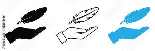 Hands holding feathers in various colors and styles