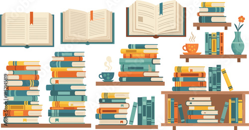 Vibrant book collection on wooden shelves with open books and steaming coffee