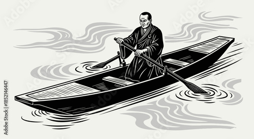 Monk Rowing Boat on Water.